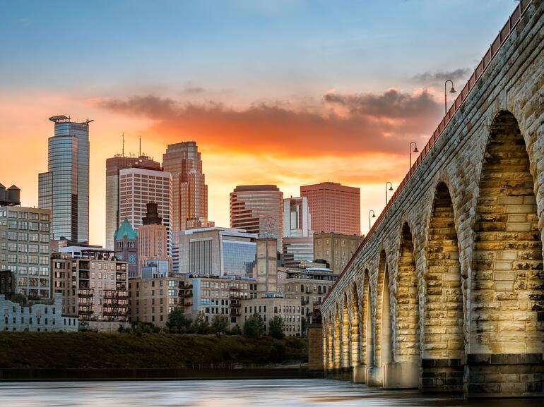 Skyline of Minneapolis with bridge