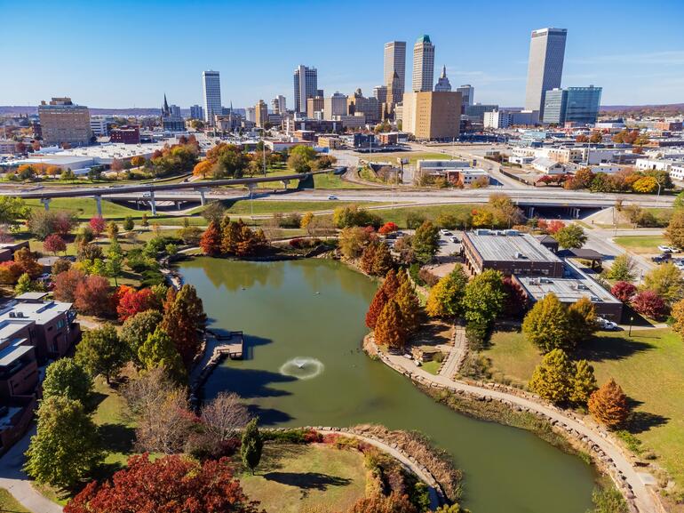 Downtown aerial of Tulsa, Oklahoma's skyline