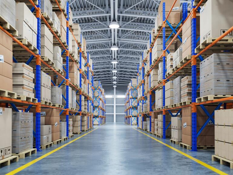 Bulk warehouse interior with boxes stacked on shelving