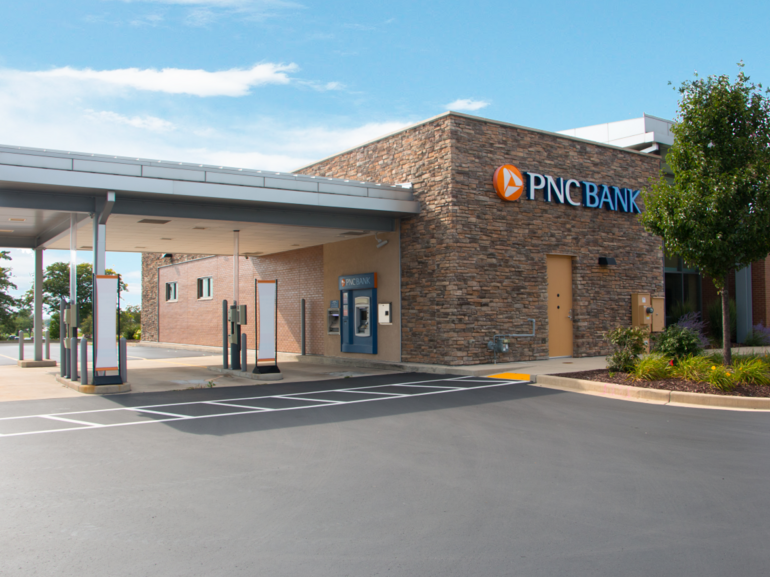 PNC Bank retail bank branch with drive-thru and ATM