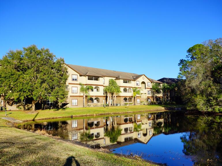 Apartment building overlooking a lake
