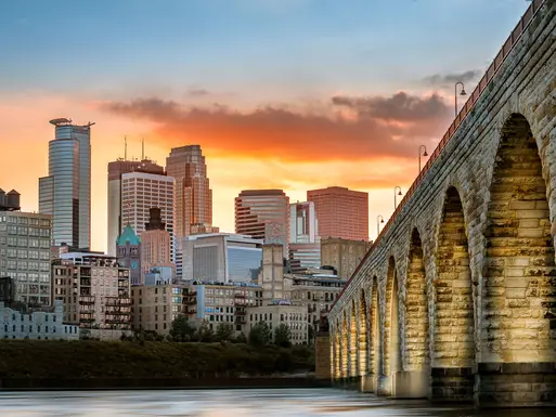 Skyline of Minneapolis with bridge