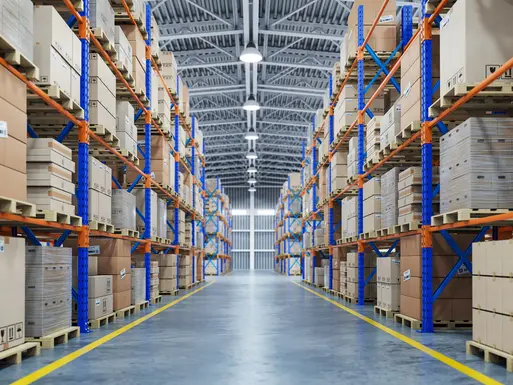 Bulk warehouse interior with boxes stacked on shelving